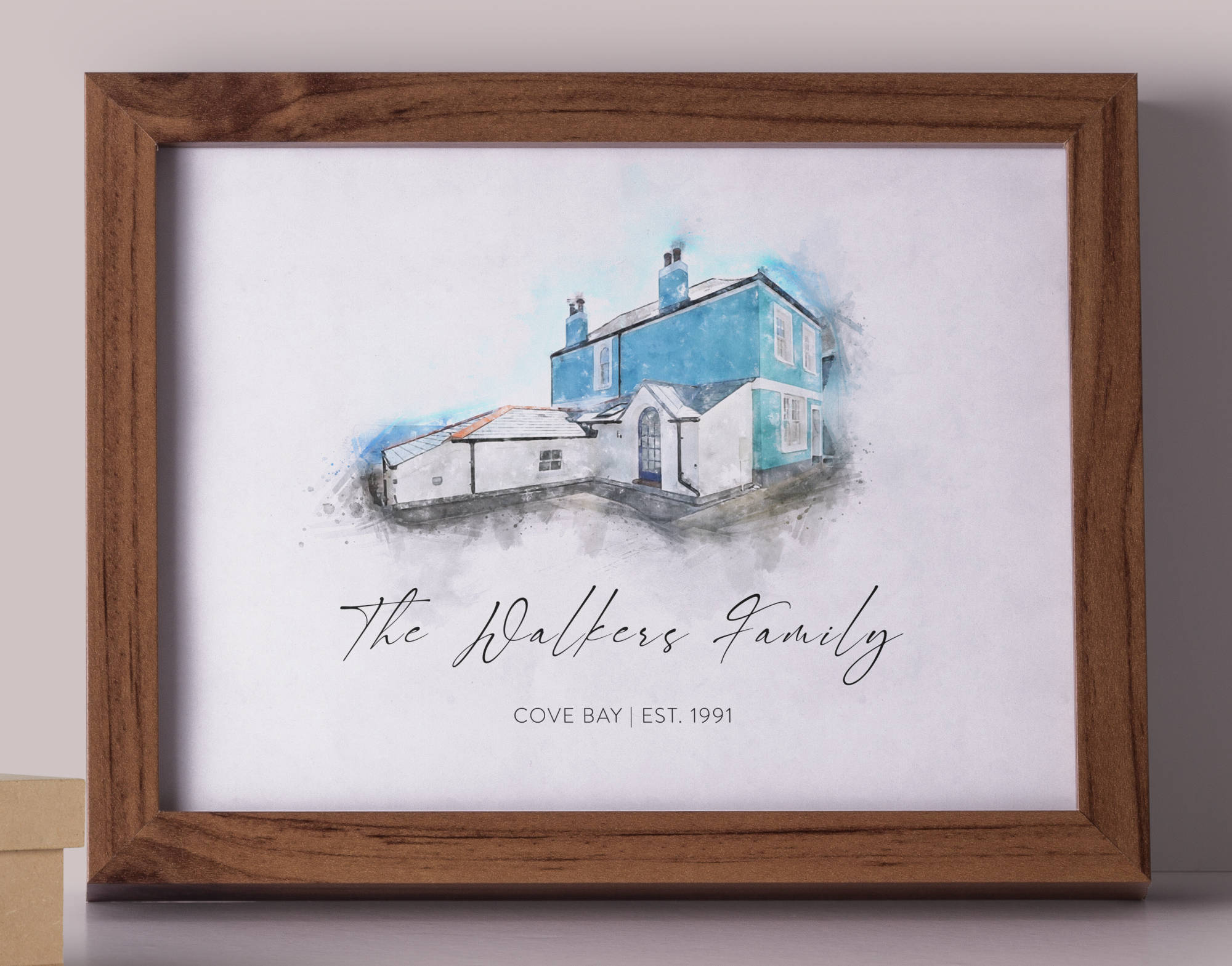 Framed watercolour home portrait